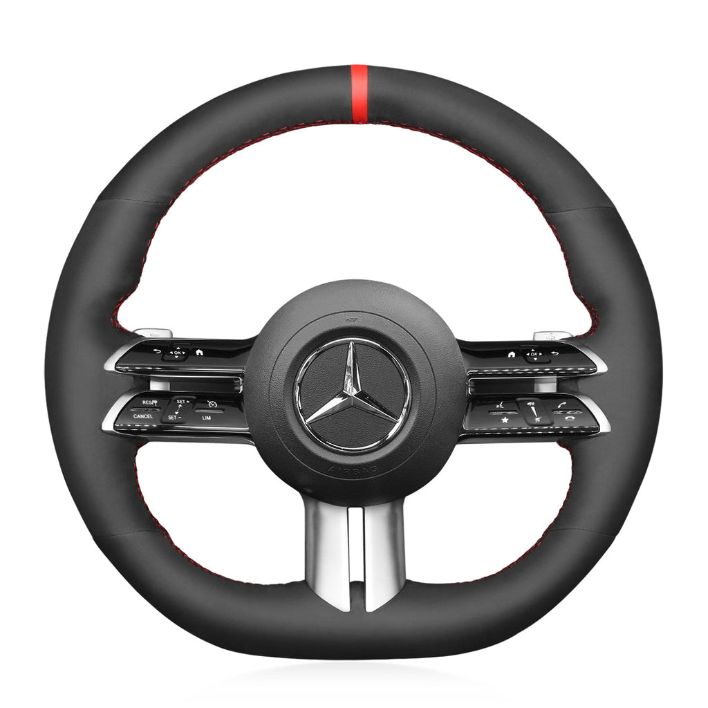 MEWANT Black Leather Suede Car Steering Wheel Cover for Mercedes Benz C - Class W206 / E - Class W213 / S - Class W223 2021 - Alcantara, Leather, Carbon Fiber, Easy Install, Non - Slip, Best Steering Wheel Cover