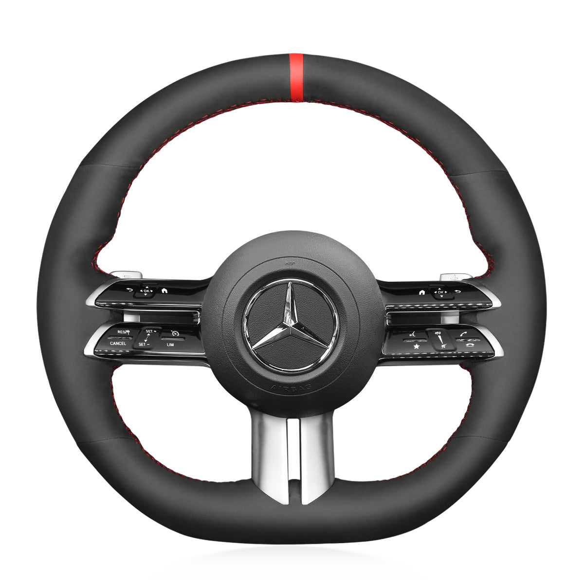 MEWANT Black Leather Suede Car Steering Wheel Cover for Mercedes Benz C - Class W206 / E - Class W213 / S - Class W223 2021 - Alcantara, Leather, Carbon Fiber, Easy Install, Non - Slip, Best Steering Wheel Cover