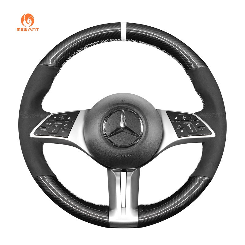 MEWANT Black Leather Suede Car Steering Wheel Cover for Mercedes - Benz C - Class (W206)/ EQE (V295)/ B - Class (W247)/ GLC - Class (X254) - Alcantara, Leather, Carbon Fiber, Easy Install, Non - Slip, Best Steering Wheel Cover