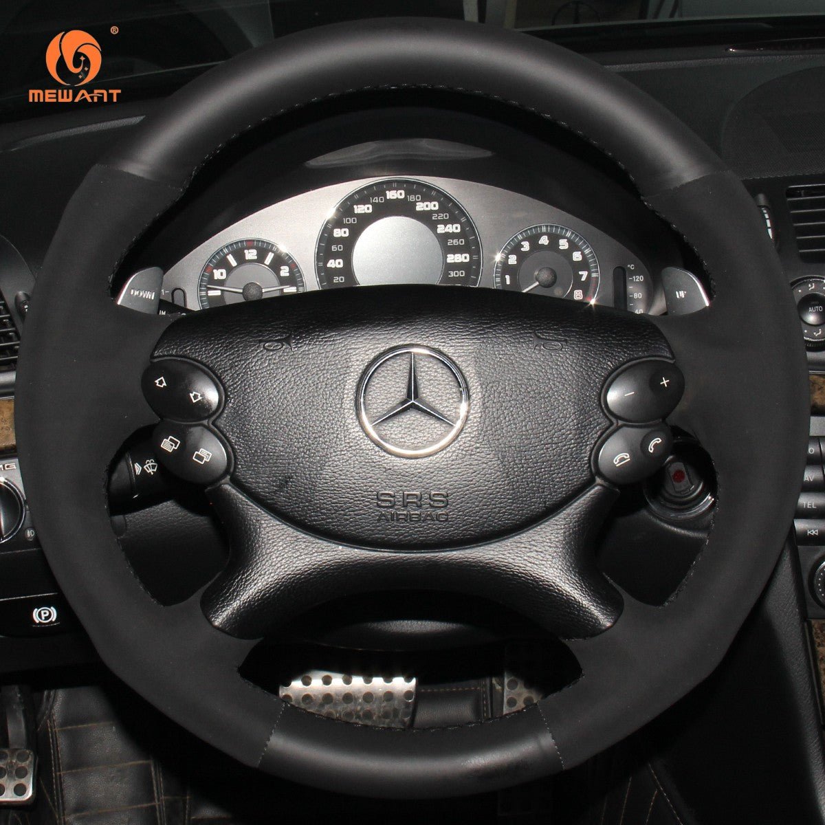 MEWANT Black Leather Suede Car Steering Wheel Cover for Mercedes Benz CLK 55 AMG C209/CLS 55 AMG C219/CLS 63 AMG C219/E 63 AMG W211/SL 55 AMG R230/SL 65 AMG R230 - Alcantara, Leather, Carbon Fiber, Easy Install, Non - Slip, Best Steering Wheel Cover