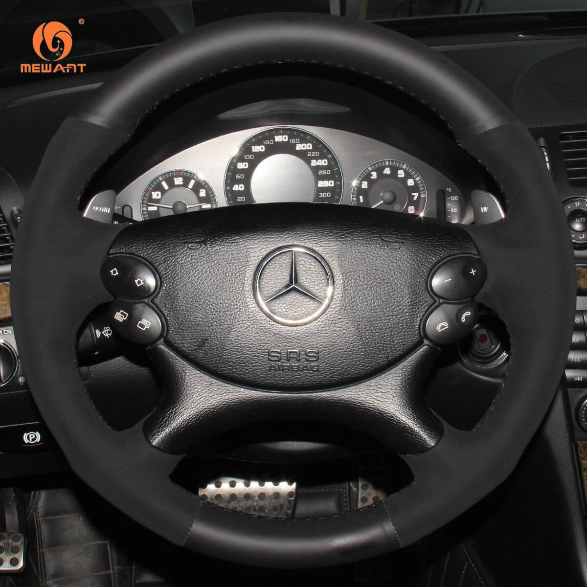 MEWANT Black Leather Suede Car Steering Wheel Cover for Mercedes Benz CLK 55 AMG C209/CLS 55 AMG C219/CLS 63 AMG C219/E 63 AMG W211/SL 55 AMG R230/SL 65 AMG R230 - Alcantara, Leather, Carbon Fiber, Easy Install, Non - Slip, Best Steering Wheel Cover