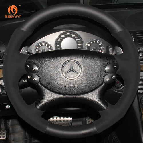 MEWANT Black Leather Suede Car Steering Wheel Cover for Mercedes Benz CLK 55 AMG C209/CLS 55 AMG C219/CLS 63 AMG C219/E 63 AMG W211/SL 55 AMG R230/SL 65 AMG R230 - Alcantara, Leather, Carbon Fiber, Easy Install, Non - Slip, Best Steering Wheel Cover