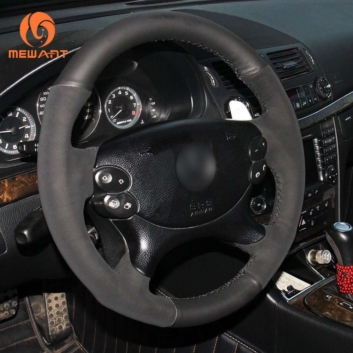 MEWANT Black Leather Suede Car Steering Wheel Cover for Mercedes Benz CLK 55 AMG C209/CLS 55 AMG C219/CLS 63 AMG C219/E 63 AMG W211/SL 55 AMG R230/SL 65 AMG R230 - Alcantara, Leather, Carbon Fiber, Easy Install, Non - Slip, Best Steering Wheel Cover
