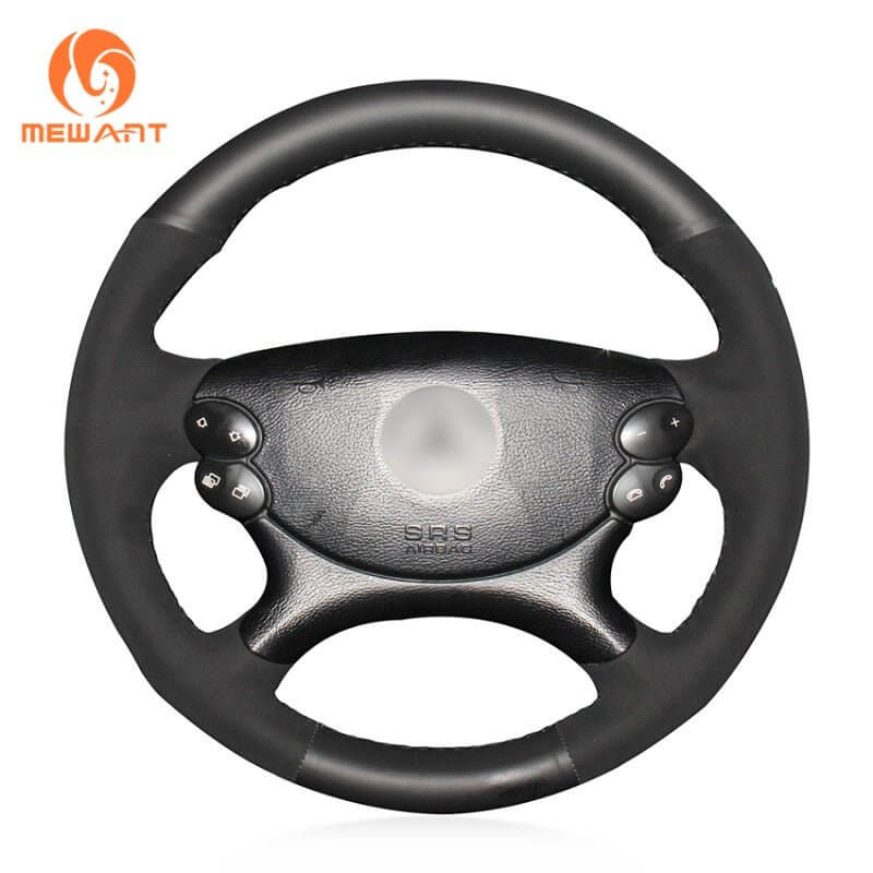 MEWANT Black Leather Suede Car Steering Wheel Cover for Mercedes Benz CLK 55 AMG C209/CLS 55 AMG C219/CLS 63 AMG C219/E 63 AMG W211/SL 55 AMG R230/SL 65 AMG R230 - Alcantara, Leather, Carbon Fiber, Easy Install, Non - Slip, Best Steering Wheel Cover