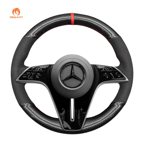 MEWANT Black Leather Suede Car Steering Wheel Cover for Mercedes - Benz CLS - Class (C257)/ CLS - Class AMG - Line/ E - Class (W213)/ EQS (V297) - Alcantara, Leather, Carbon Fiber, Easy Install, Non - Slip, Best Steering Wheel Cover