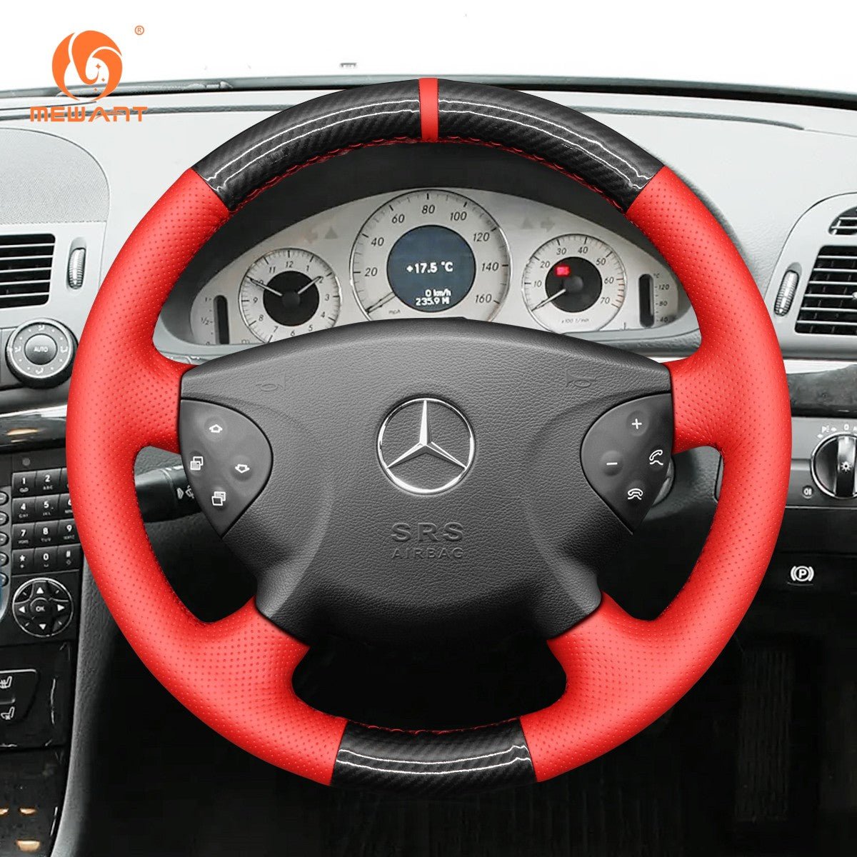 MEWANT Black Leather Suede Car Steering Wheel Cover for Mercedes Benz E - Class W211 2003 - 2006 / G - Class W463 2003 - 2007 - Alcantara, Leather, Carbon Fiber, Easy Install, Non - Slip, Best Steering Wheel Cover