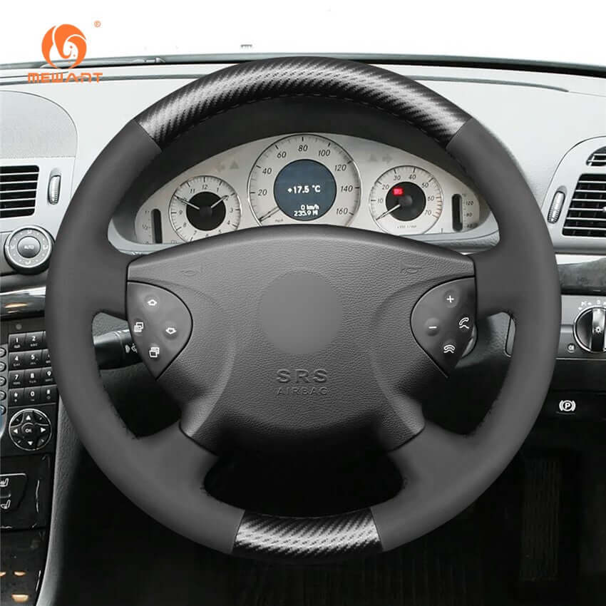 MEWANT Black Leather Suede Car Steering Wheel Cover for Mercedes Benz E - Class W211 2003 - 2006 / G - Class W463 2003 - 2007 - Alcantara, Leather, Carbon Fiber, Easy Install, Non - Slip, Best Steering Wheel Cover