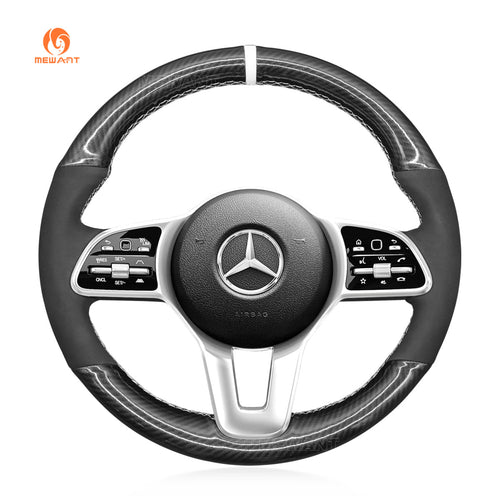 MEWANT Black Leather Suede Car Steering Wheel Cover for Mercedes Benz W177 W205 C118 C257 W463 H247 X247 W167 - Alcantara, Leather, Carbon Fiber, Easy Install, Non - Slip, Best Steering Wheel Cover