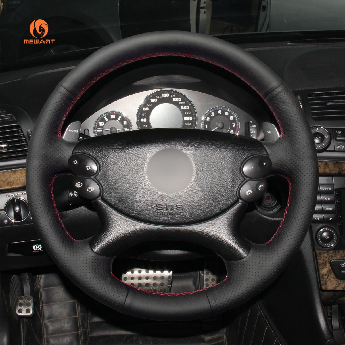 MEWANT Black Leather Suede Car Steering Wheel Cover for Mercedes Benz W211 C209 C219 W463 R230 - Alcantara, Leather, Carbon Fiber, Easy Install, Non - Slip, Best Steering Wheel Cover