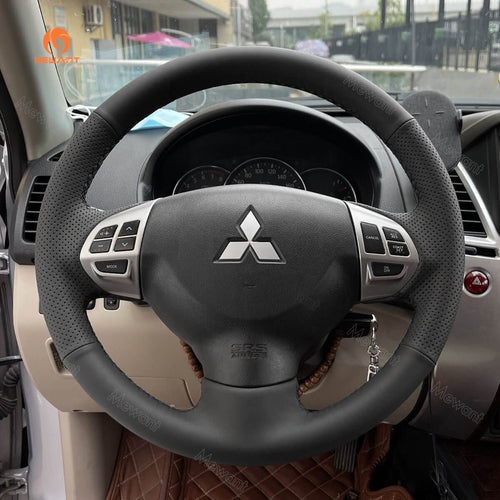 MEWANT Black Leather Suede Car Steering Wheel Cover for Mitsubishi i - MiEV / Lancer 9 IX/ Lancer Sportback/ Outlander / Outlander Sport(RVR)/ASX / Colt / L200/Triton - Alcantara, Leather, Carbon Fiber, Easy Install, Non - Slip, Best Steering Wheel Cover