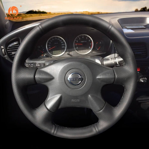 MEWANT Black Leather Suede Car Steering Wheel Cover for Nissan Almera (N16) / Almera Tino / X - Trail (T30) / Primera (P12) /Terrano 2 / Serena / Pathfinder /Bluebird Sylphy / Caravan / Expert / - Alcantara, Leather, Carbon Fiber, Easy Install, Non - Slip, Best Steering Wheel Cover