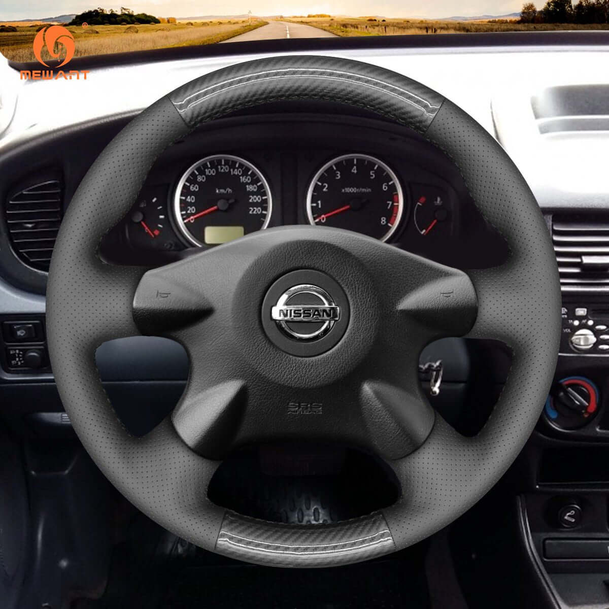 MEWANT Black Leather Suede Car Steering Wheel Cover for Nissan Almera (N16) / Almera Tino / X - Trail (T30) / Primera (P12) /Terrano 2 / Serena / Pathfinder /Bluebird Sylphy / Caravan / Expert / - Alcantara, Leather, Carbon Fiber, Easy Install, Non - Slip, Best Steering Wheel Cover