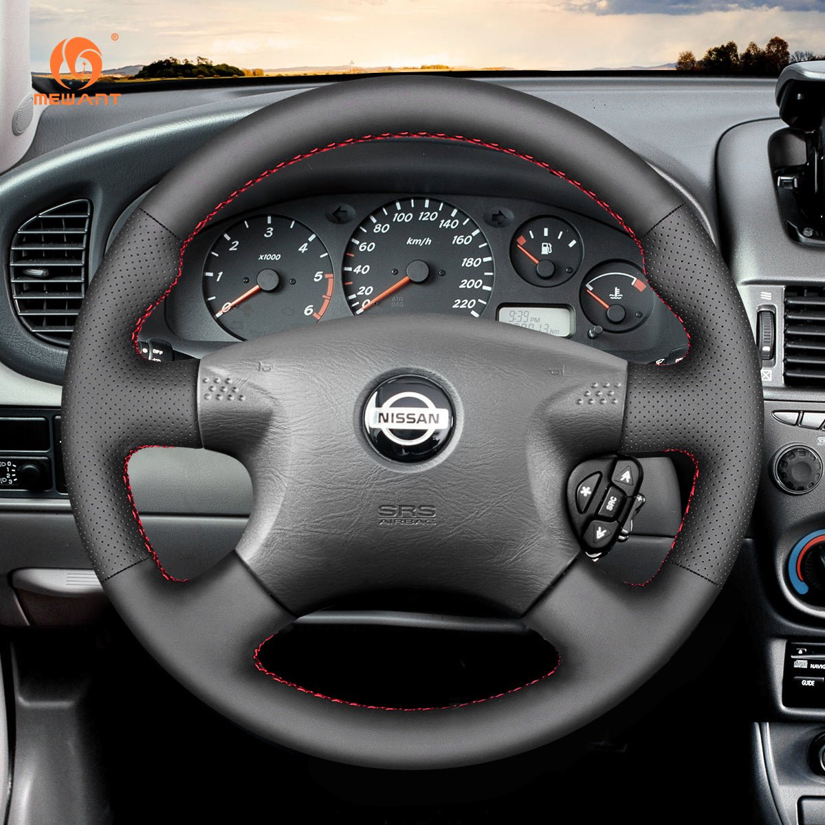 MEWANT Black Leather Suede Car Steering Wheel Cover for Nissan Almera (N16)/ X - Trail (T30)/ Terrano 2/ Almera Tino/ Micra/ Primera/ Pulsar N16 - Alcantara, Leather, Carbon Fiber, Easy Install, Non - Slip, Best Steering Wheel Cover