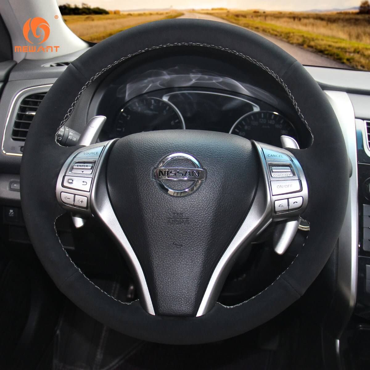 MEWANT Black Leather Suede Car Steering Wheel Cover for Nissan Qashqai / X - Trail / Teana / Altima / Sentra / Tiida / Navara / Pulsar / Rogue / Navara D23 - Alcantara, Leather, Carbon Fiber, Easy Install, Non - Slip, Best Steering Wheel Cover