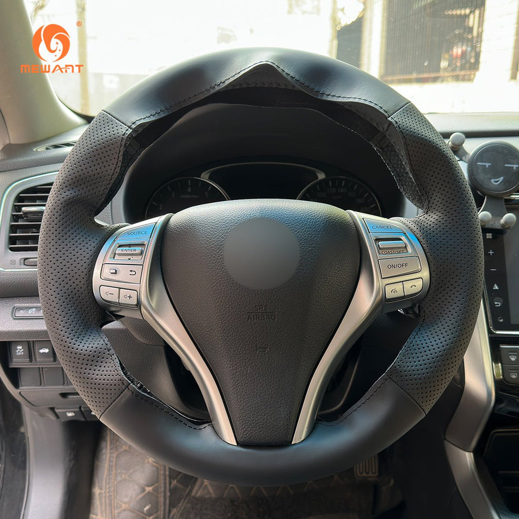 MEWANT Black Leather Suede Car Steering Wheel Cover for Nissan Qashqai / X - Trail / Teana / Altima / Sentra / Tiida / Navara / Pulsar / Rogue / Navara D23 - Alcantara, Leather, Carbon Fiber, Easy Install, Non - Slip, Best Steering Wheel Cover