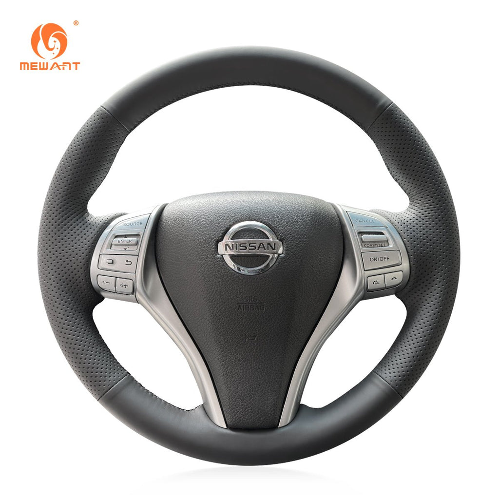 MEWANT Black Leather Suede Car Steering Wheel Cover for Nissan Qashqai / X - Trail / Teana / Altima / Sentra / Tiida / Navara / Pulsar / Rogue / Navara D23 - Alcantara, Leather, Carbon Fiber, Easy Install, Non - Slip, Best Steering Wheel Cover