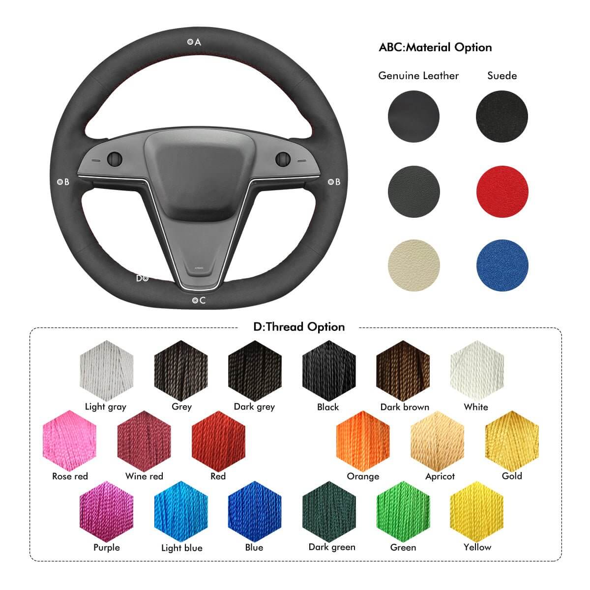 MEWANT Black Leather Suede Car Steering Wheel Cover for Tesla Model S Base Plaid 2021 - Alcantara, Leather, Carbon Fiber, Easy Install, Non - Slip, Best Steering Wheel Cover