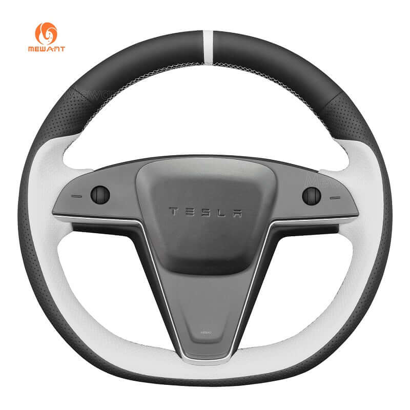 MEWANT Black Leather Suede Car Steering Wheel Cover for Tesla Model S Base Plaid 2021 - Alcantara, Leather, Carbon Fiber, Easy Install, Non - Slip, Best Steering Wheel Cover