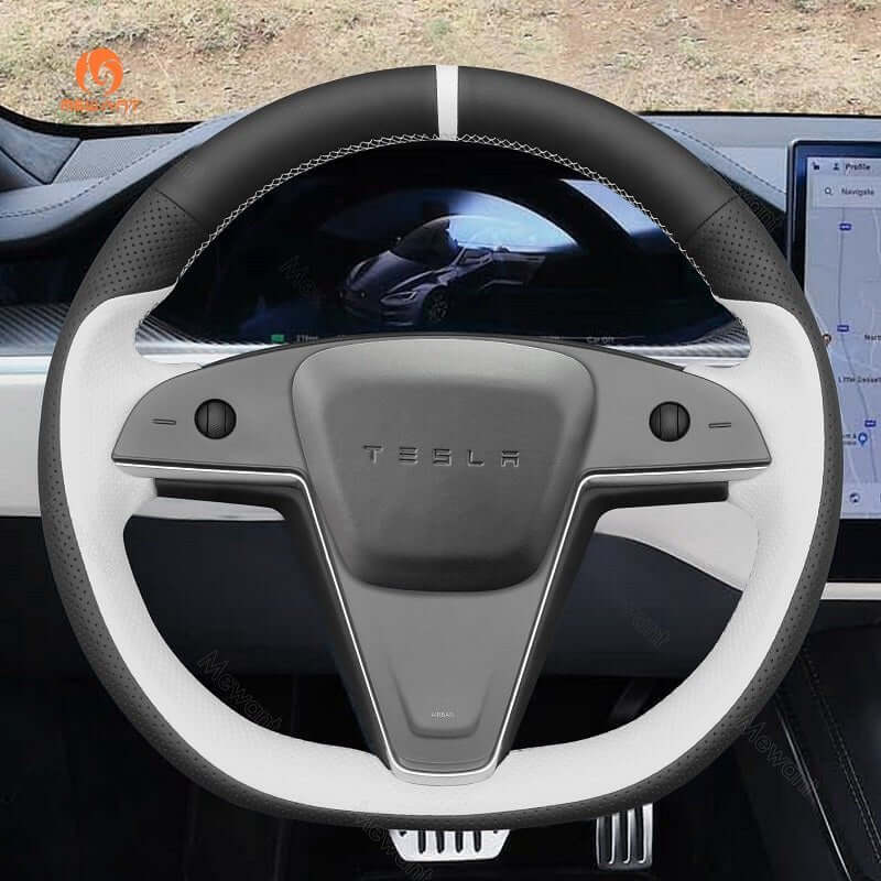 MEWANT Black Leather Suede Car Steering Wheel Cover for Tesla Model S Base Plaid 2021 - Alcantara, Leather, Carbon Fiber, Easy Install, Non - Slip, Best Steering Wheel Cover