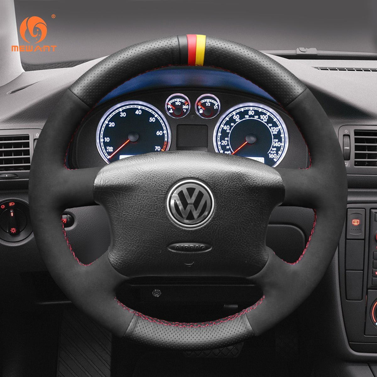 MEWANT Black Leather Suede Car Steering Wheel Cover for Volkswagen Golf 4 (IV) / Passat B5/ Passat Variant/ Sharan/ Bora/T4 /T5 / Jetta/EuroVan - Mewant Cover