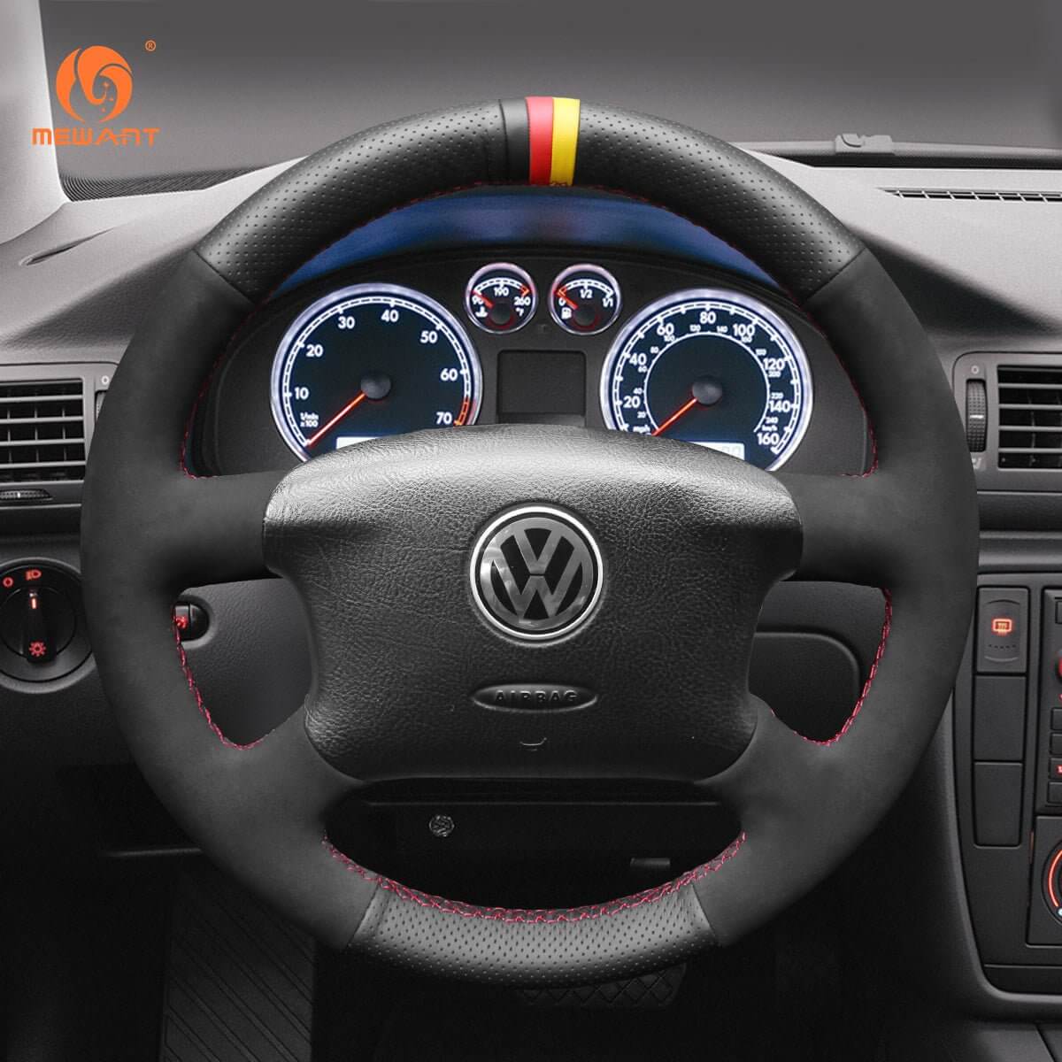 MEWANT Black Leather Suede Car Steering Wheel Cover for Volkswagen Golf 4 (IV) / Passat B5/ Passat Variant/ Sharan/ Bora/T4 /T5 / Jetta/EuroVan - Alcantara, Leather, Carbon Fiber, Easy Install, Non - Slip, Best Steering Wheel Cover