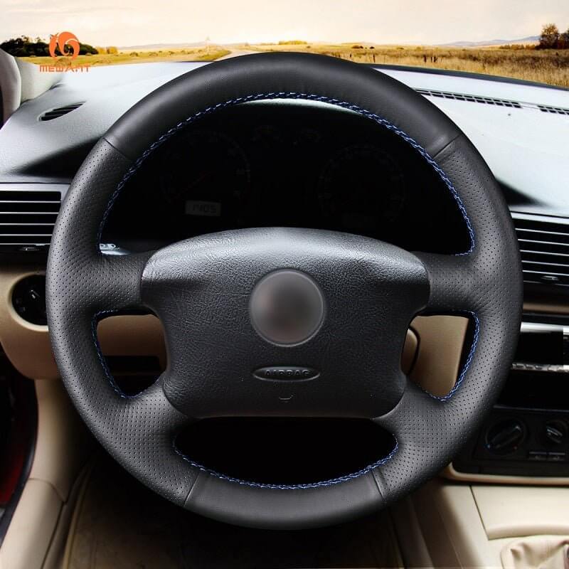 MEWANT Black Leather Suede Car Steering Wheel Cover for Volkswagen Golf 4 (IV) / Passat B5/ Passat Variant/ Sharan/ Bora/T4 /T5 / Jetta/EuroVan - Alcantara, Leather, Carbon Fiber, Easy Install, Non - Slip, Best Steering Wheel Cover