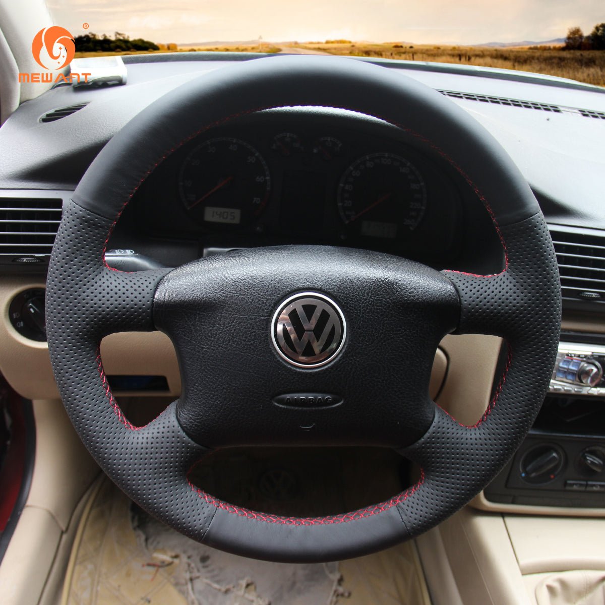 MEWANT Black Leather Suede Car Steering Wheel Cover for Volkswagen Golf 4 (IV) / Passat B5/ Passat Variant/ Sharan/ Bora/T4 /T5 / Jetta/EuroVan - Mewant Cover