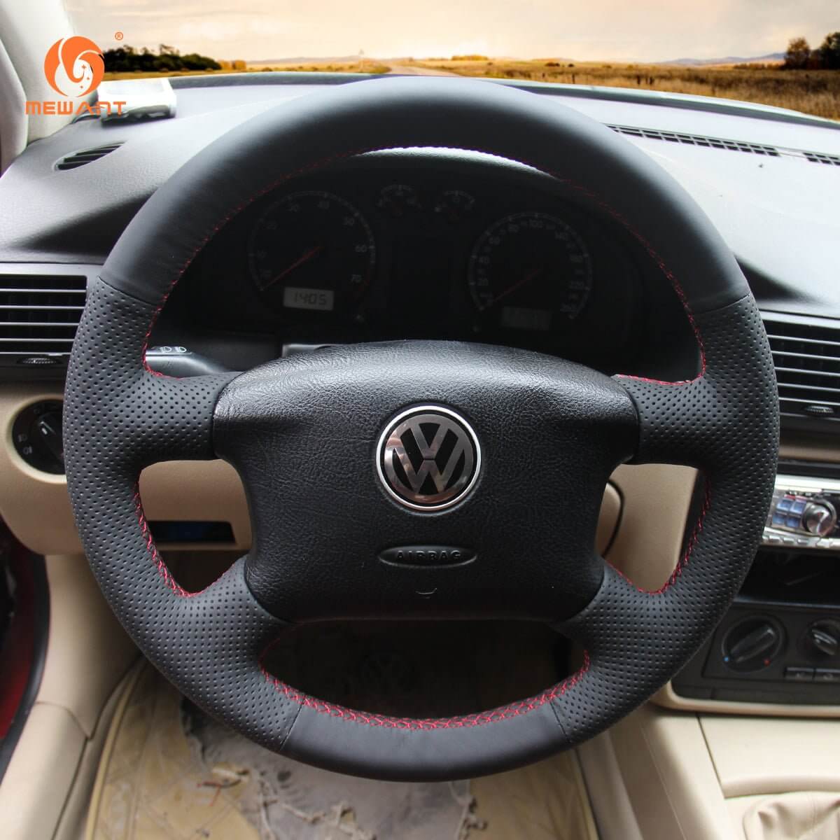 MEWANT Black Leather Suede Car Steering Wheel Cover for Volkswagen Golf 4 (IV) / Passat B5/ Passat Variant/ Sharan/ Bora/T4 /T5 / Jetta/EuroVan - Alcantara, Leather, Carbon Fiber, Easy Install, Non - Slip, Best Steering Wheel Cover