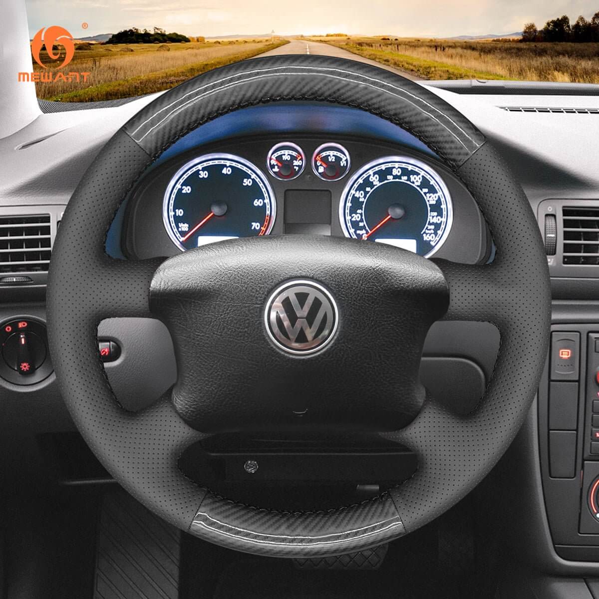 MEWANT Black Leather Suede Car Steering Wheel Cover for Volkswagen Golf 4 (IV) / Passat B5/ Passat Variant/ Sharan/ Bora/T4 /T5 / Jetta/EuroVan - Alcantara, Leather, Carbon Fiber, Easy Install, Non - Slip, Best Steering Wheel Cover