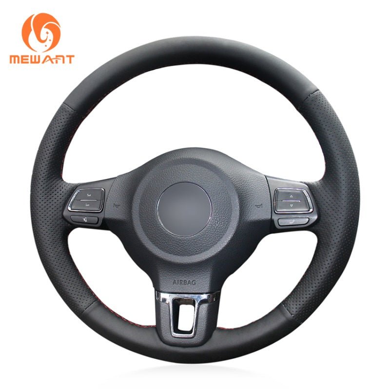 MEWANT Black Leather Suede Car Steering Wheel Cover for Volkswagen Golf 6 (VI) /Golf Plus / Polo / Tiguan /Touran / Caddy / Jetta - Alcantara, Leather, Carbon Fiber, Easy Install, Non - Slip, Best Steering Wheel Cover