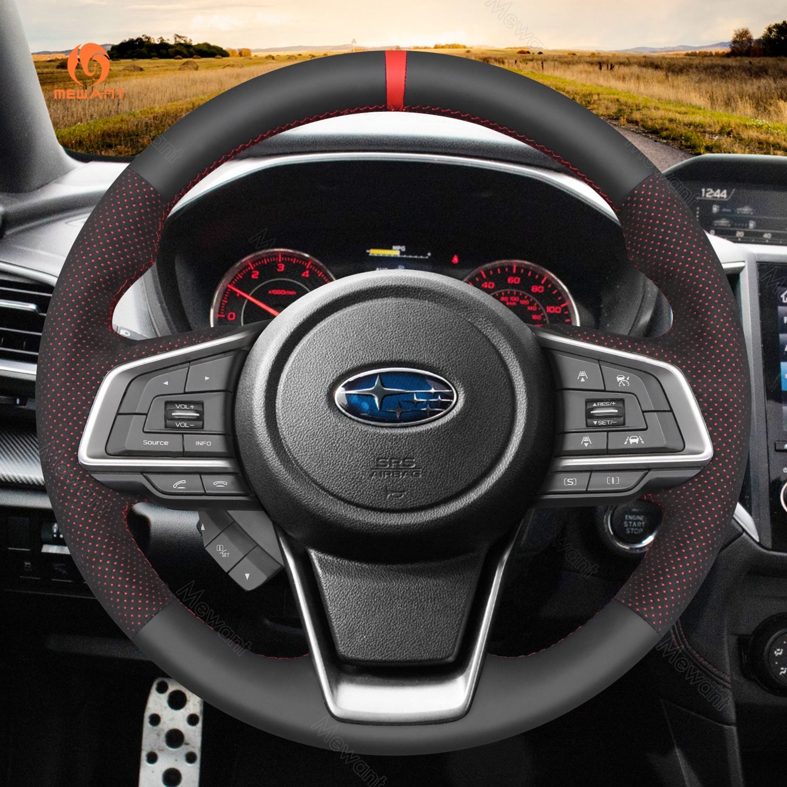 MEWANT Black Leather Suede Carbon Fiber Car Steering Wheel Cover for Subaru Forester Ascent Crosstrek Impreza Legacy Outback 2018 - 2020 - Alcantara, Leather, Carbon Fiber, Easy Install, Non - Slip, Best Steering Wheel Cover