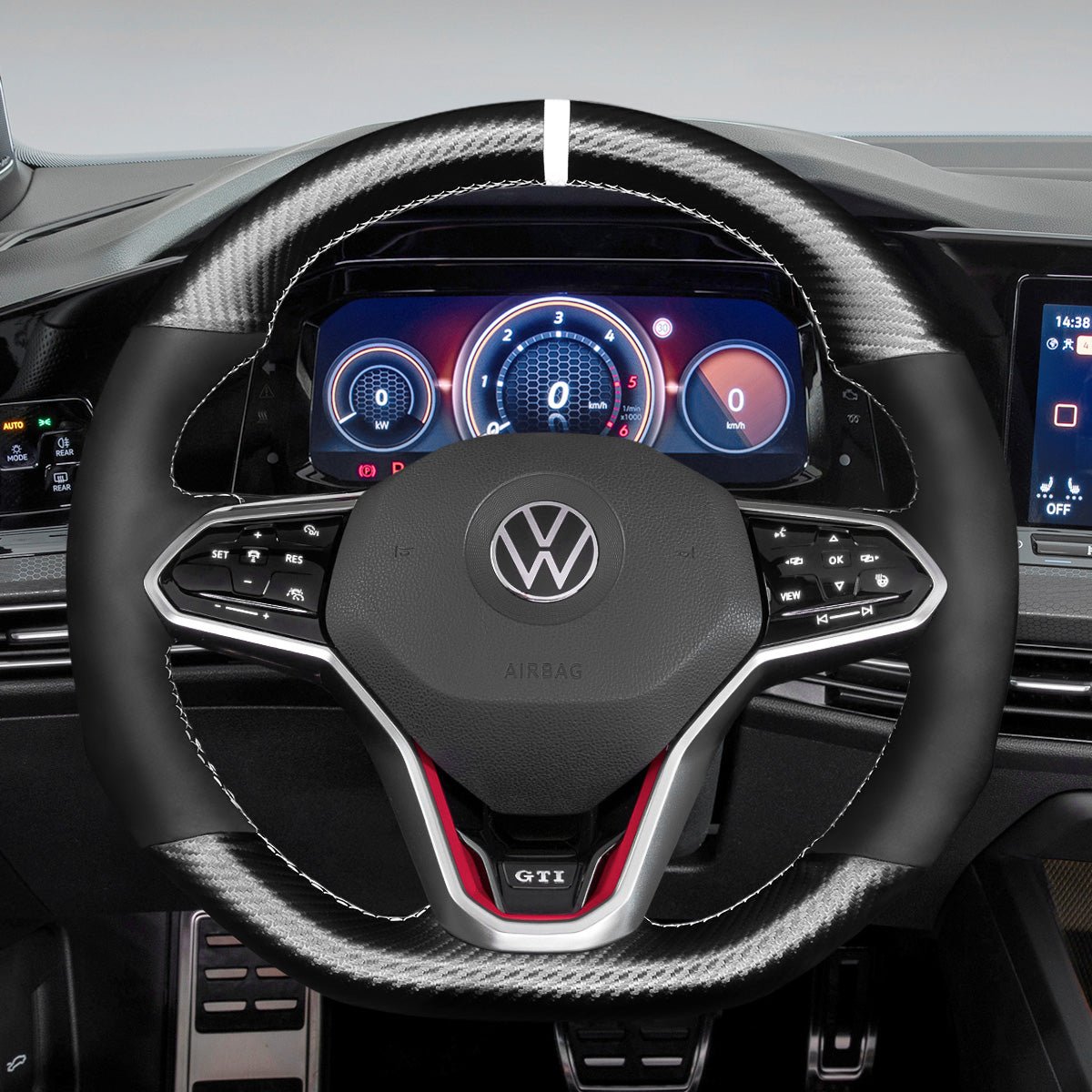 MEWANT Black Leather Suede Carbon Fiber Car Steering Wheel Cover for Volkswagen VW Golf 8 (R - Line) Arteon Tiguan (R - Line) Touareg (R - Line) - Alcantara, Leather, Carbon Fiber, Easy Install, Non - Slip, Best Steering Wheel Cover