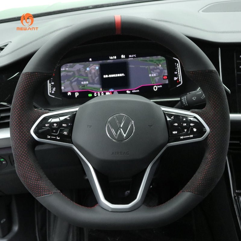 MEWANT Black Leather Suede Carbon Fiber Car Steering Wheel Cover for Volkswagen VW Golf 8 (R - Line) Arteon Tiguan (R - Line) Touareg (R - Line) - Alcantara, Leather, Carbon Fiber, Easy Install, Non - Slip, Best Steering Wheel Cover