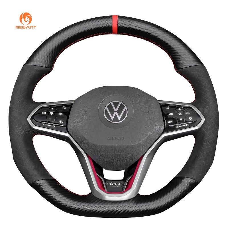 MEWANT Black Leather Suede Carbon Fiber Car Steering Wheel Cover for Volkswagen VW Golf 8 (R - Line) Arteon Tiguan (R - Line) Touareg (R - Line) - Alcantara, Leather, Carbon Fiber, Easy Install, Non - Slip, Best Steering Wheel Cover