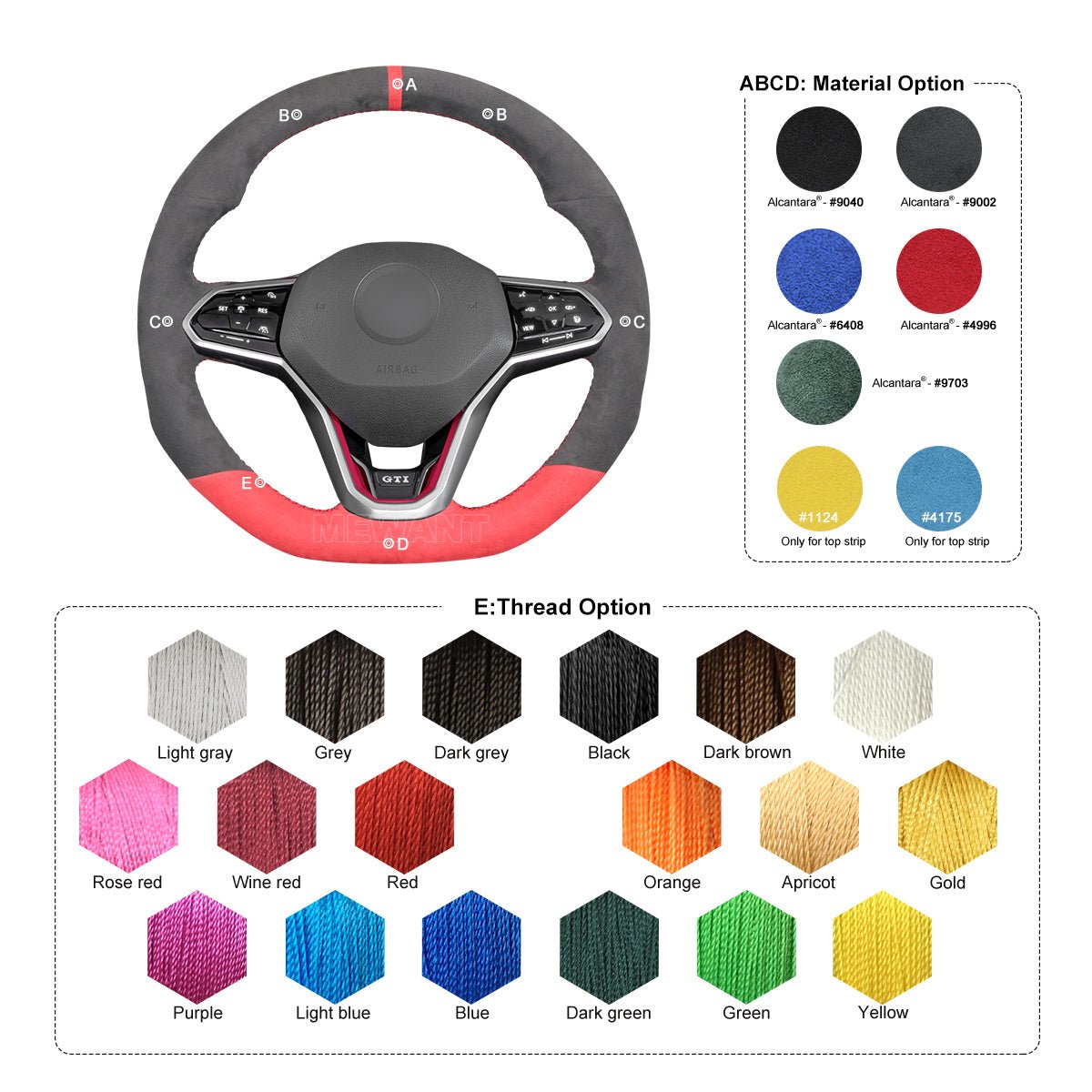 MEWANT Black Leather Suede Carbon Fiber Car Steering Wheel Cover for Volkswagen VW Golf 8 (R - Line) Arteon Tiguan (R - Line) Touareg (R - Line) - Alcantara, Leather, Carbon Fiber, Easy Install, Non - Slip, Best Steering Wheel Cover