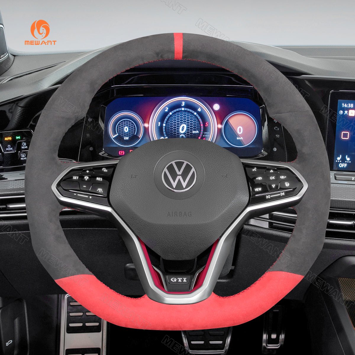 MEWANT Black Leather Suede Carbon Fiber Car Steering Wheel Cover for Volkswagen VW Golf 8 (R - Line) Arteon Tiguan (R - Line) Touareg (R - Line) - Alcantara, Leather, Carbon Fiber, Easy Install, Non - Slip, Best Steering Wheel Cover