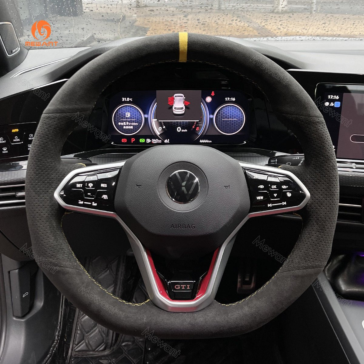 MEWANT Black Leather Suede Carbon Fiber Car Steering Wheel Cover for Volkswagen VW Golf 8 (R - Line) Arteon Tiguan (R - Line) Touareg (R - Line) - Alcantara, Leather, Carbon Fiber, Easy Install, Non - Slip, Best Steering Wheel Cover