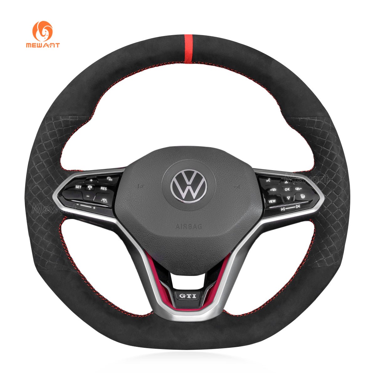 MEWANT Black Leather Suede Carbon Fiber Car Steering Wheel Cover for Volkswagen VW Golf 8 (R - Line) Arteon Tiguan (R - Line) Touareg (R - Line) - Alcantara, Leather, Carbon Fiber, Easy Install, Non - Slip, Best Steering Wheel Cover