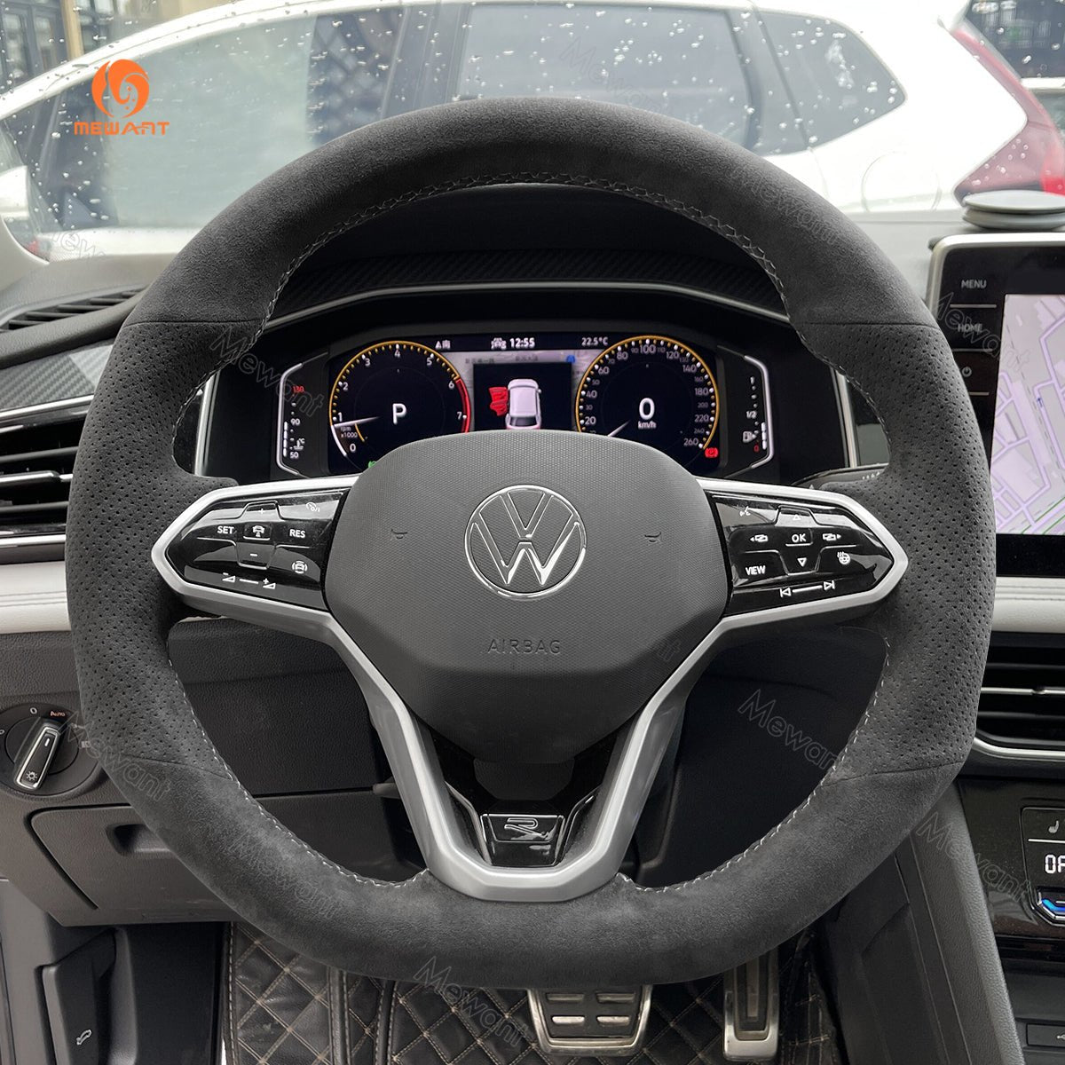 MEWANT Black Leather Suede Carbon Fiber Car Steering Wheel Cover for Volkswagen VW Golf 8 (R - Line) Arteon Tiguan (R - Line) Touareg (R - Line) - Alcantara, Leather, Carbon Fiber, Easy Install, Non - Slip, Best Steering Wheel Cover