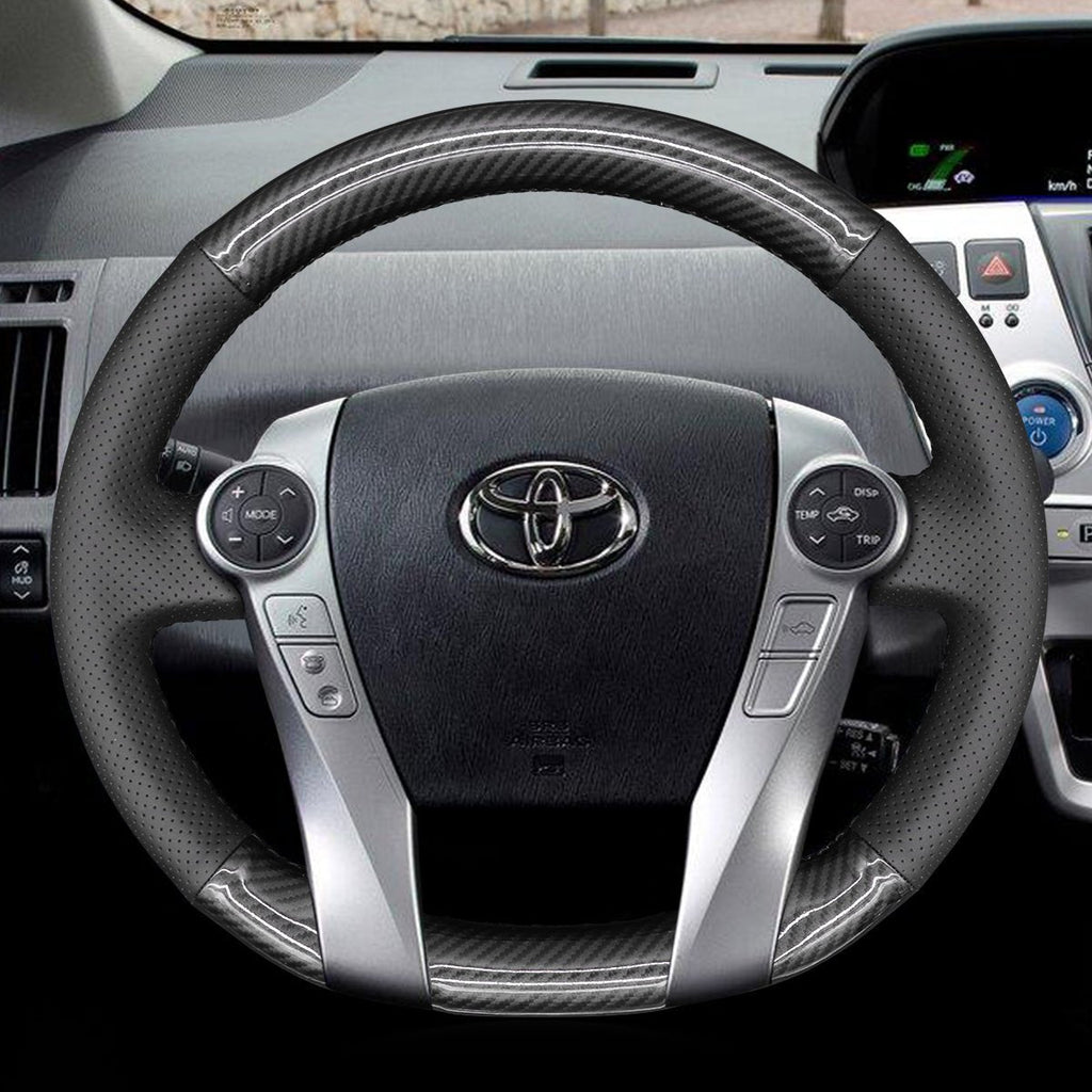 MEWANT Black Leather with Carbon Fiber Car Steering for Toyota Prius 2009 - 2015 / Prius C 2012 - 2019 / Prius V 2012 - 2021 - Alcantara, Leather, Carbon Fiber, Easy Install, Non - Slip, Best Steering Wheel Cover