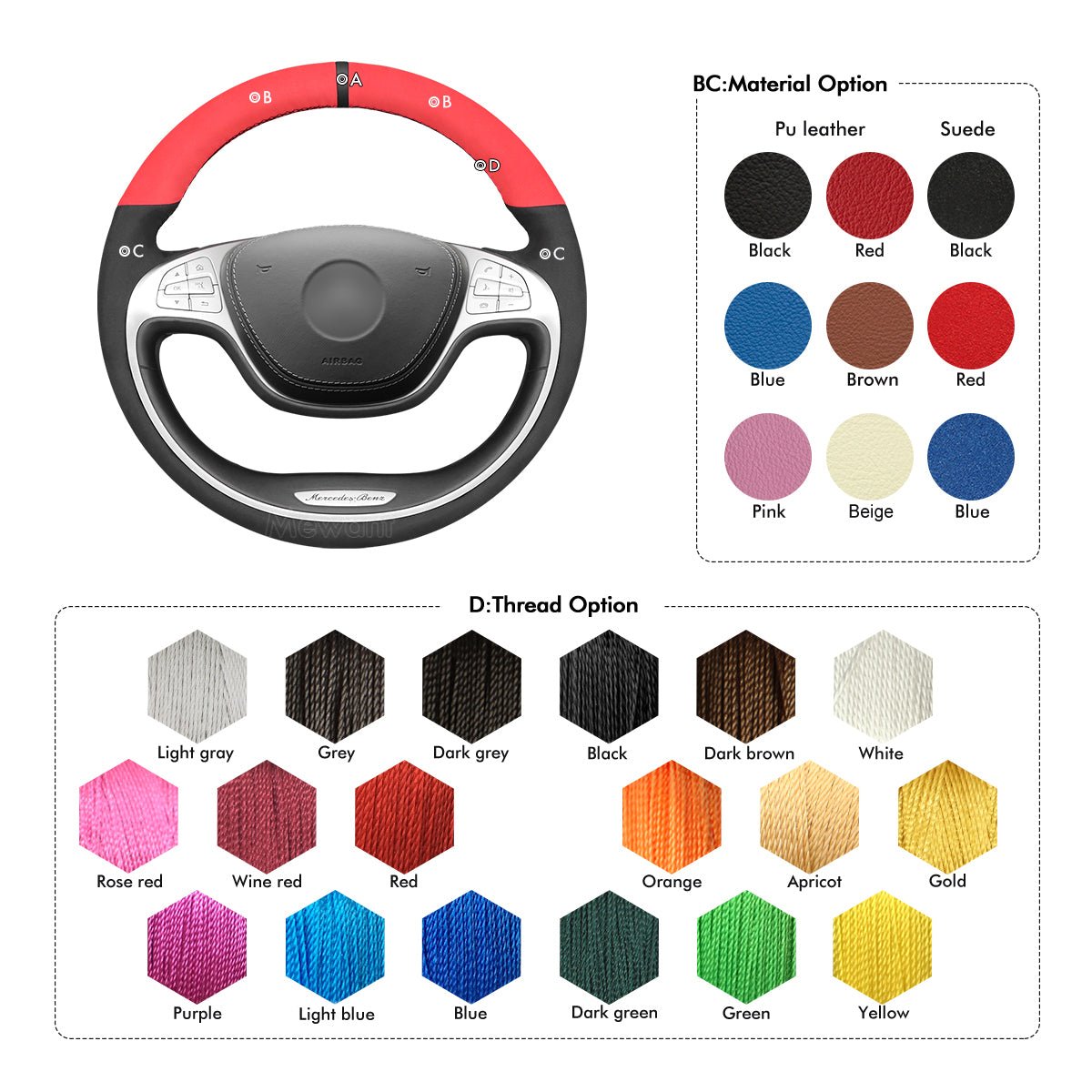 MEWANT Black Matter Carbon Fiber Black Leather Car Steering Wheel Cover for Mercedes Benz S - Class W222 2013 - 2017 - Alcantara, Leather, Carbon Fiber, Easy Install, Non - Slip, Best Steering Wheel Cover