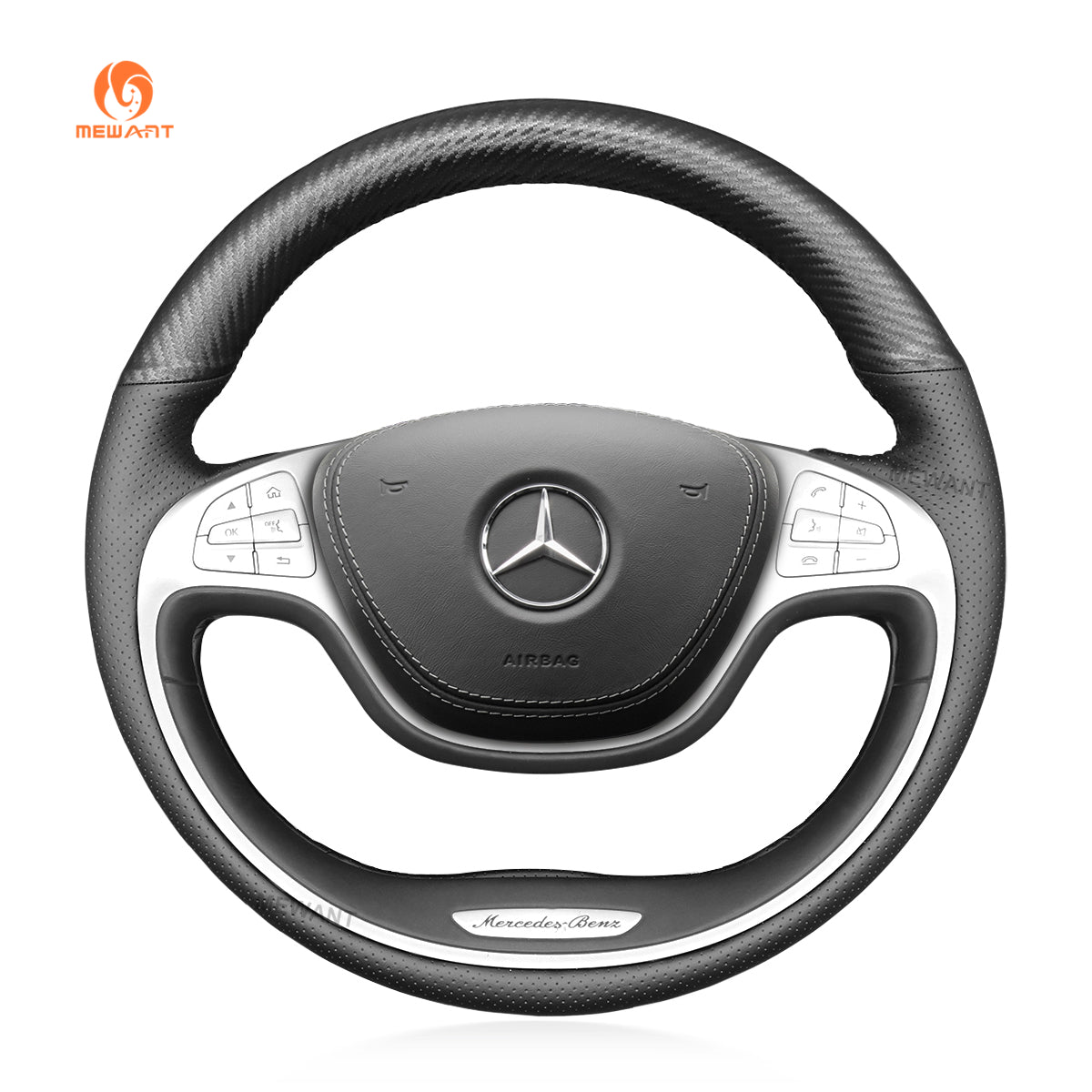 MEWANT Black Matter Carbon Fiber Black Leather Car Steering Wheel Cover for Mercedes Benz S - Class W222 2013 - 2017 - Alcantara, Leather, Carbon Fiber, Easy Install, Non - Slip, Best Steering Wheel Cover
