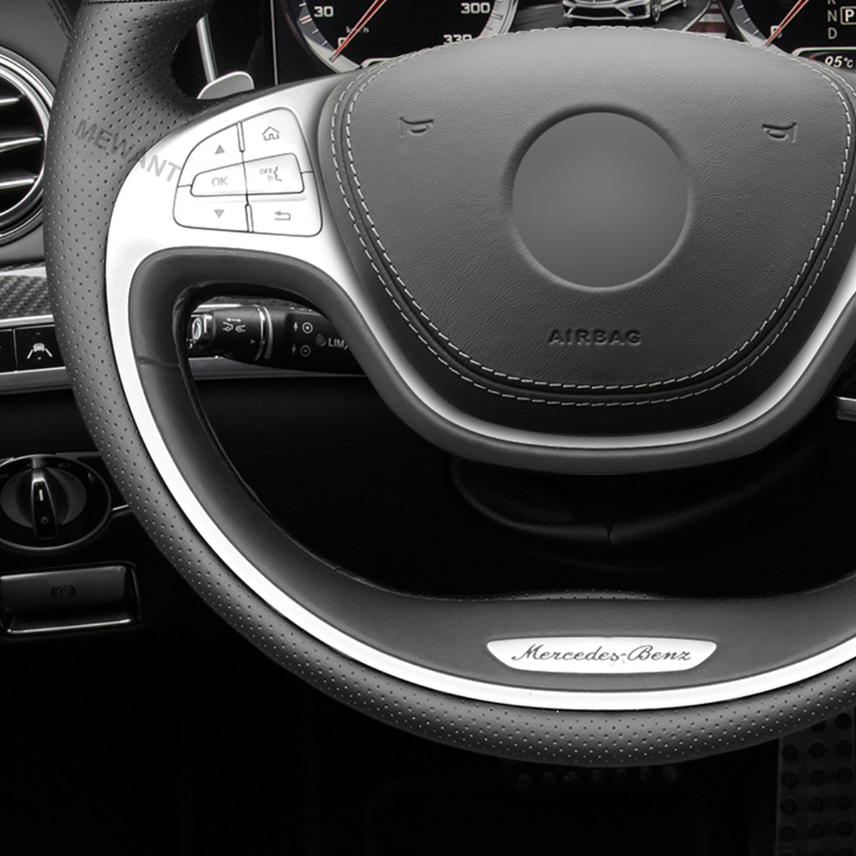 MEWANT Black Matter Carbon Fiber Black Leather Car Steering Wheel Cover for Mercedes Benz S - Class W222 2013 - 2017 - Alcantara, Leather, Carbon Fiber, Easy Install, Non - Slip, Best Steering Wheel Cover