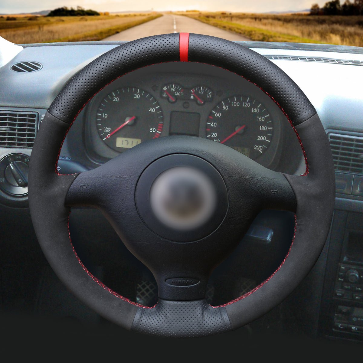 MEWANT Black Real Genuine Leather Suede Car Steering Wheel Cover for Volkswagen VW Golf 4 Passat B5 Polo Bora Sharan for Seat Leon MK1 (1M) for Skoda Fabia 1 (6Y) - Alcantara, Leather, Carbon Fiber, Easy Install, Non - Slip, Best Steering Wheel Cover