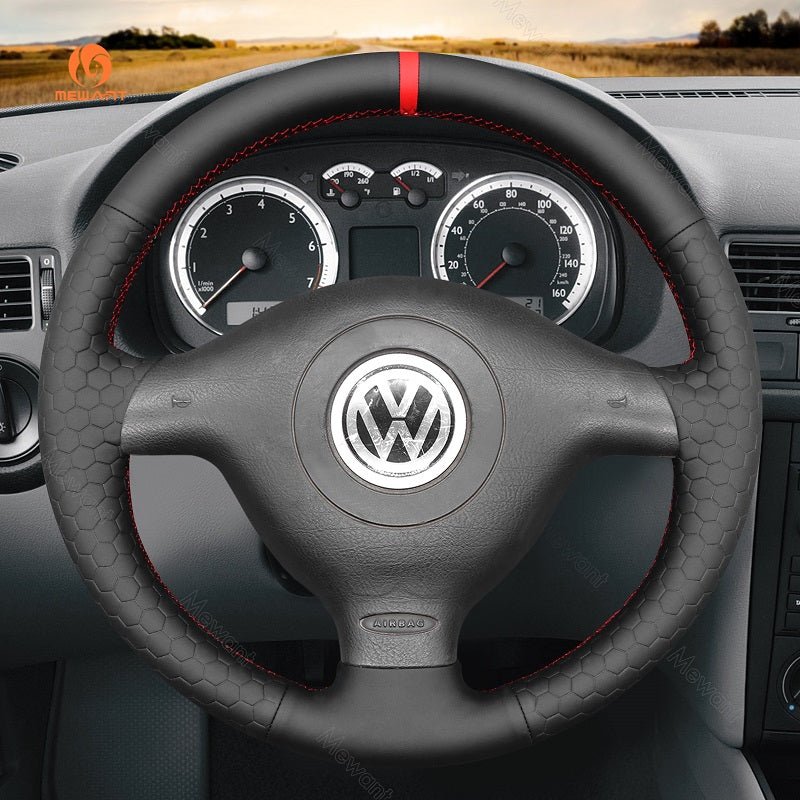 MEWANT Black Real Genuine Leather Suede Car Steering Wheel Cover for Volkswagen VW Golf 4 Passat B5 Polo Bora Sharan for Seat Leon MK1 (1M) for Skoda Fabia 1 (6Y) - Alcantara, Leather, Carbon Fiber, Easy Install, Non - Slip, Best Steering Wheel Cover