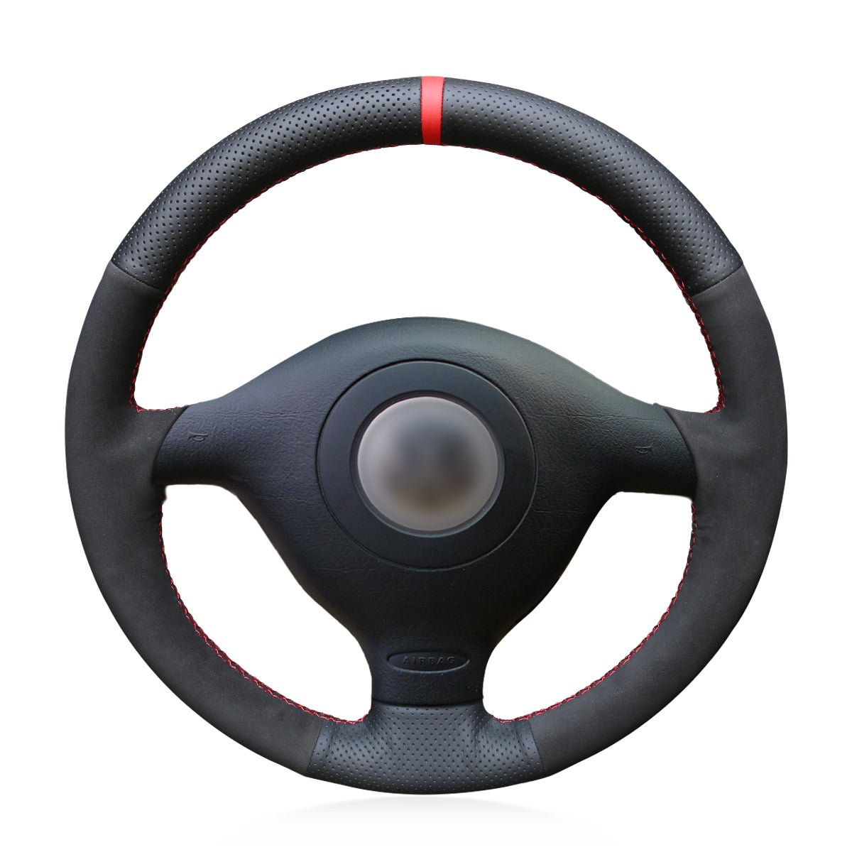 MEWANT Black Real Genuine Leather Suede Car Steering Wheel Cover for Volkswagen VW Golf 4 Passat B5 Polo Bora Sharan for Seat Leon MK1 (1M) for Skoda Fabia 1 (6Y) - Alcantara, Leather, Carbon Fiber, Easy Install, Non - Slip, Best Steering Wheel Cover