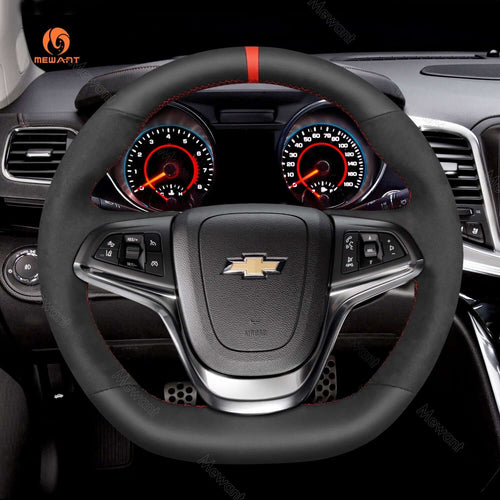 MEWANT Black Real Leather Suede Hand Sewing Car Steering Wheel Cover for Chevrolet SS 2014 - 2017 - Alcantara, Leather, Carbon Fiber, Easy Install, Non - Slip, Best Steering Wheel Cover