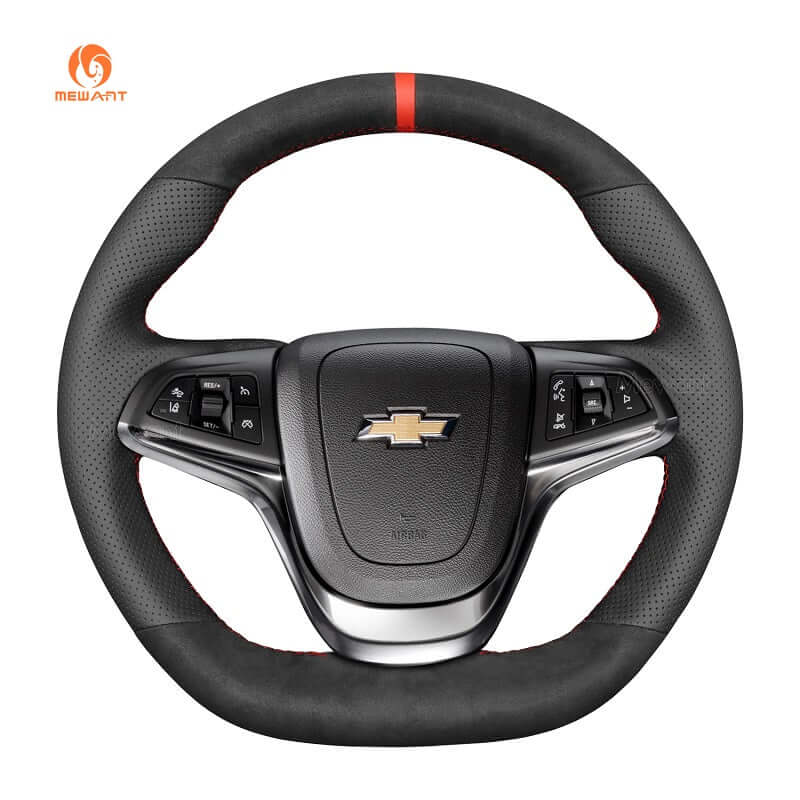 MEWANT Black Real Leather Suede Hand Sewing Car Steering Wheel Cover for Chevrolet SS 2014 - 2017 - Alcantara, Leather, Carbon Fiber, Easy Install, Non - Slip, Best Steering Wheel Cover