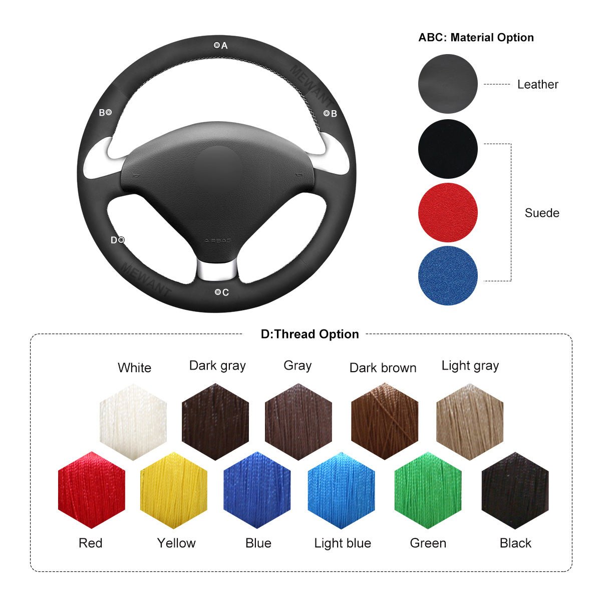 MEWANT Black Suede Car Steering Wheel Cover for Peugeot 307 CC 2004 - 2007 - Alcantara, Leather, Carbon Fiber, Easy Install, Non - Slip, Best Steering Wheel Cover
