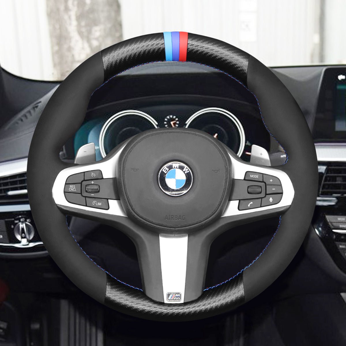 MEWANT Black Suede Carbon Fiber Car Steering Wheel Cover for BMW G20 F44 G22 G26 G30 G32 G11 G14 G15 G16 G01 G02 G05 G06 G07 G29 - Alcantara, Leather, Carbon Fiber, Easy Install, Non - Slip, Best Steering Wheel Cover